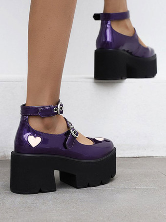 Scarpe Lolita gotiche Scarpe Lolita in pelle PU con tacco grosso e punta tonda nera