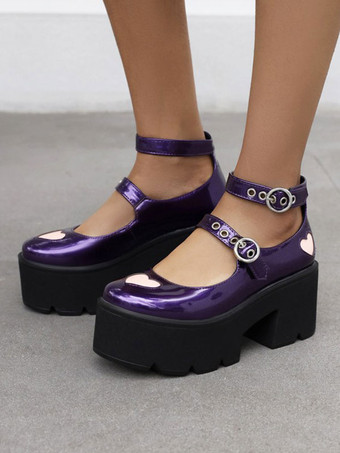 Viola RealeScarpe Lolita gotiche Scarpe Lolita in pelle PU con tacco grosso e punta tonda nera