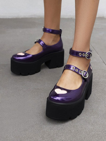 Scarpe Lolita gotiche Scarpe Lolita in pelle PU con tacco grosso e punta tonda nera