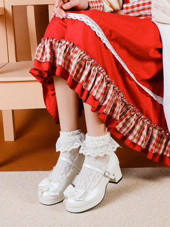 甘いロリータシューズホワイトボウPUレザーチャンキーヒールロリータパンプス