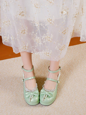 ライトグリーン 甘いロリータシューズホワイトボウPUレザーチャンキーヒールロリータパンプス