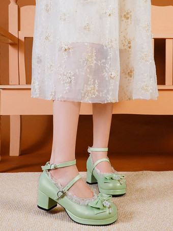 甘いロリータシューズホワイトボウPUレザーチャンキーヒールロリータパンプス