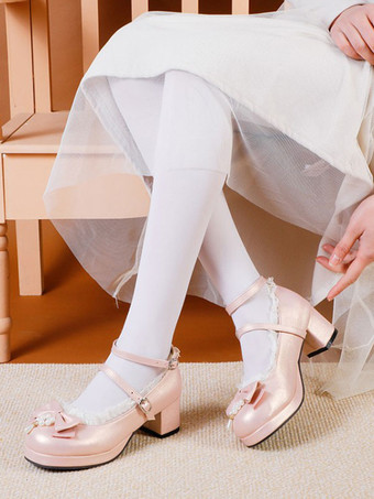 ピンク甘いロリータシューズホワイトボウPUレザーチャンキーヒールロリータパンプス