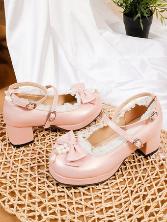 甘いロリータシューズホワイトボウPUレザーチャンキーヒールロリータパンプス