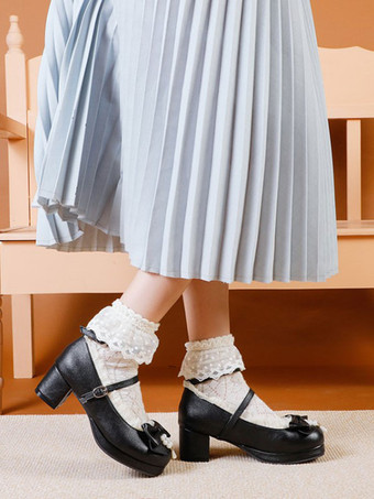 ブラック 甘いロリータシューズホワイトボウPUレザーチャンキーヒールロリータパンプス