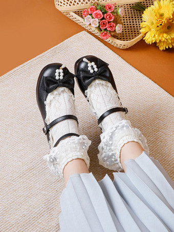 甘いロリータシューズホワイトボウPUレザーチャンキーヒールロリータパンプス