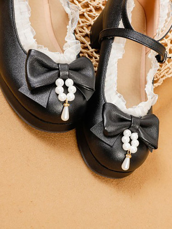 甘いロリータシューズホワイトボウPUレザーチャンキーヒールロリータパンプス