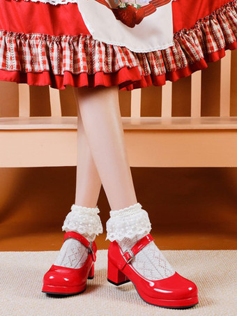 Sweet Lolita Chaussures Escarpins Lolita À Talon Épais En Cuir Pu Rouge Simple