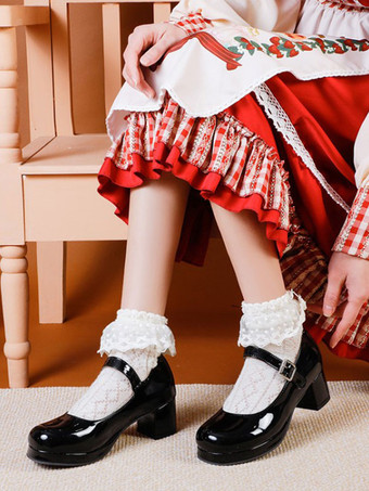 ブラック 甘いロリータフットウェアレッドPUレザーチャンキーヒールロリータパンプス