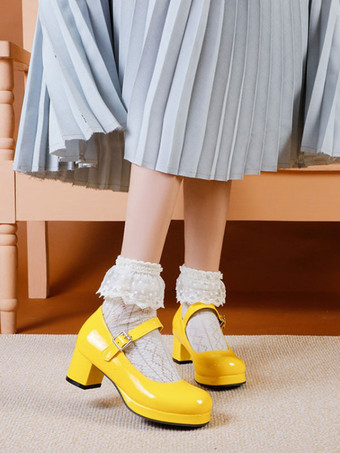 イエロー甘いロリータフットウェアレッドPUレザーチャンキーヒールロリータパンプス