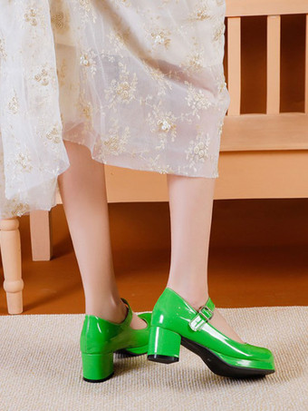 甘いロリータフットウェアレッドPUレザーチャンキーヒールロリータパンプス