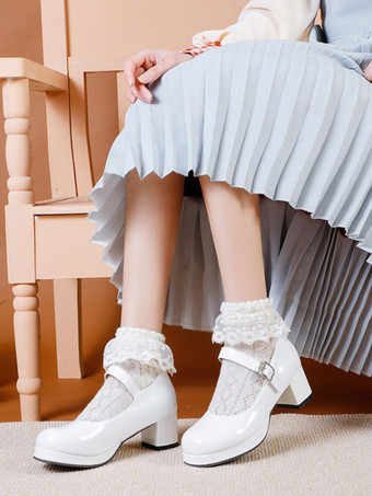 ホワイト 甘いロリータフットウェアレッドPUレザーチャンキーヒールロリータパンプス