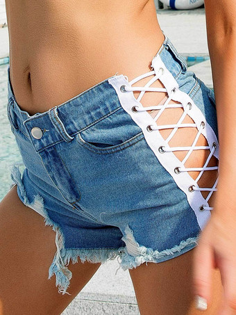 ブルー レディースデニムショーツホワイトコットンストレートエクストラショートカジュアルグロメットホットパンツ