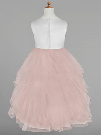 フラワーガールドレスアイボリージュエルネックノースリーブアップリケAラインキッズパーティードレス