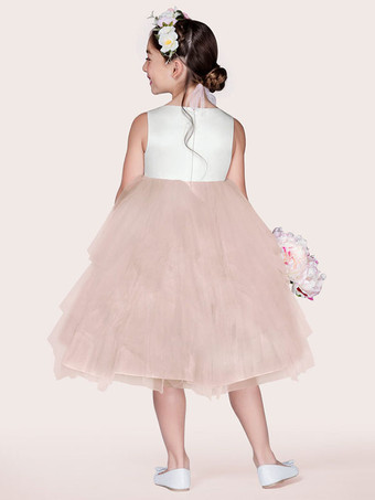 フラワーガールドレスアイボリージュエルネックノースリーブアップリケAラインキッズパーティードレス