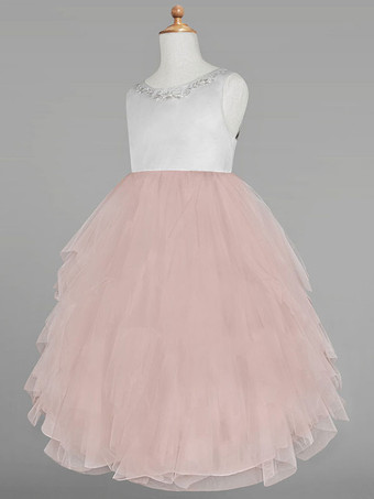 フラワーガールドレスアイボリージュエルネックノースリーブアップリケAラインキッズパーティードレス