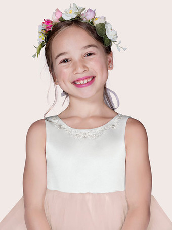 フラワーガールドレスアイボリージュエルネックノースリーブアップリケAラインキッズパーティードレス