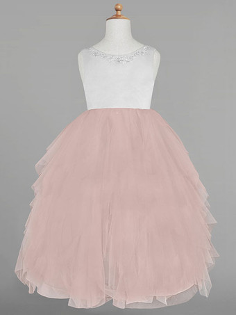 フラワーガールドレスアイボリージュエルネックノースリーブアップリケAラインキッズパーティードレス