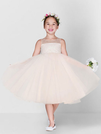 フラワーガールドレスシャンパンチュールジュエルネックノースリーブスパンコールキッズソーシャルパーティードレス
