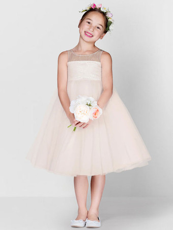 Платья для девочек-цветочниц Тюль цвета шампанского с жемчужным вырезом без рукавов и пайетками Детские платья для вечеринок