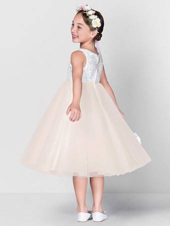 フラワーガールドレスアイボリーチュールジュエルネックノースリーブレースフォーマルキッズページェントドレス