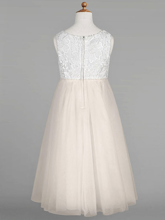 フラワーガールドレスアイボリーチュールジュエルネックノースリーブレースフォーマルキッズページェントドレス