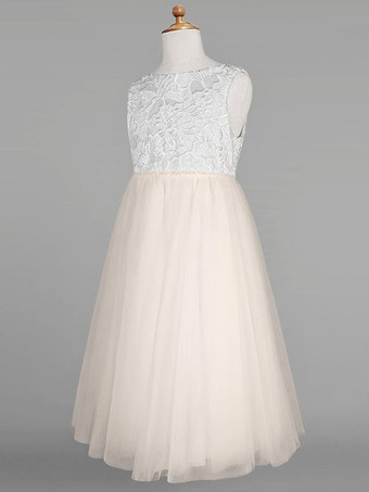 フラワーガールドレスアイボリーチュールジュエルネックノースリーブレースフォーマルキッズページェントドレス
