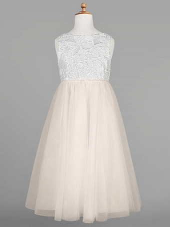 フラワーガールドレスアイボリーチュールジュエルネックノースリーブレースフォーマルキッズページェントドレス