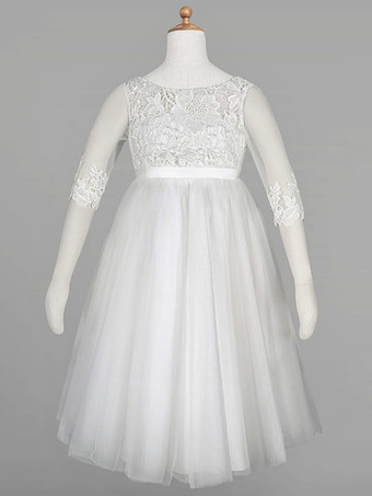 フラワーガールドレスアイボリージュエルチュールネックチュールハーフスリーブAラインレースキッズパーティードレス
