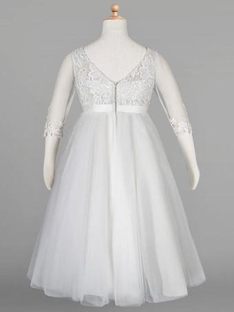フラワーガールドレスアイボリージュエルチュールネックチュールハーフスリーブAラインレースキッズパーティードレス