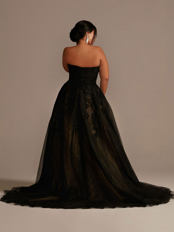 シンプルなウェディングドレストレーンチュールストラップレスノースリーブアップリケAラインブラックブライダルドレス無料カスタマイズ