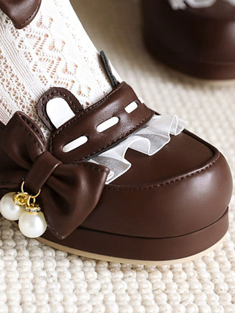 スウィートロリータフットウェアピンクボウコントラウンドトゥプーPUレザーロリータポンプ