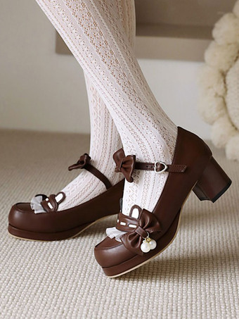 スウィートロリータフットウェアピンクボウコントラウンドトゥプーPUレザーロリータポンプ