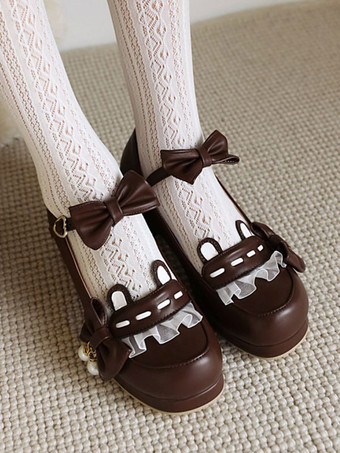 ブラウン スウィートロリータフットウェアピンクボウコントラウンドトゥプーPUレザーロリータポンプ