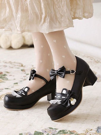 スウィートロリータフットウェアピンクボウコントラウンドトゥプーPUレザーロリータポンプ