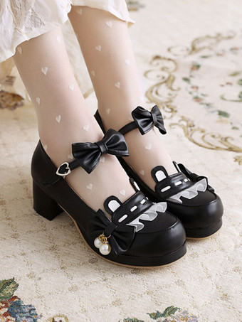 ブラック スウィートロリータフットウェアピンクボウコントラウンドトゥプーPUレザーロリータポンプ