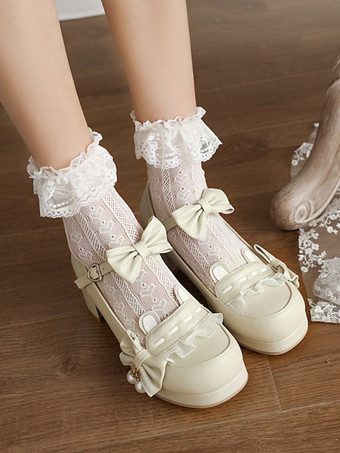 スウィートロリータフットウェアピンクボウコントラウンドトゥプーPUレザーロリータポンプ