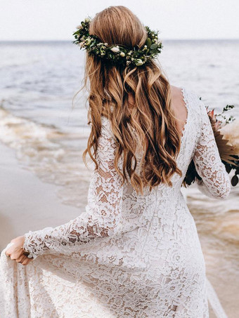 Robe de mariée en dentelle ivoire col V longueur au sol dos nu bas évasé robe de mariage