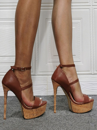 レディースハイヒールセクシーサンダルコーヒーブラウンPUレザースティレットヒールセクシーシューズ