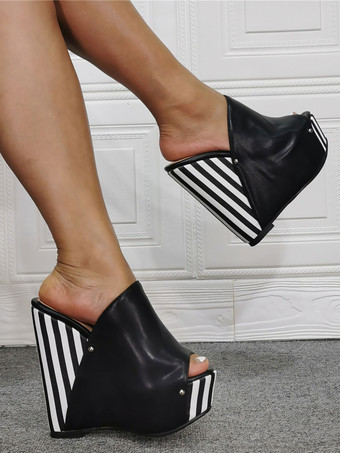 レディースセクシーハイヒールサンダルブラックPUレザーウェッジヒールセクシーシューズ