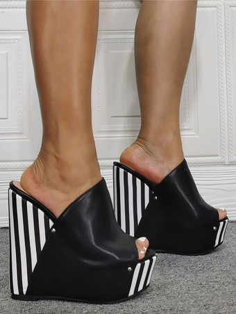 レディースセクシーハイヒールサンダルブラックPUレザーウェッジヒールセクシーシューズ