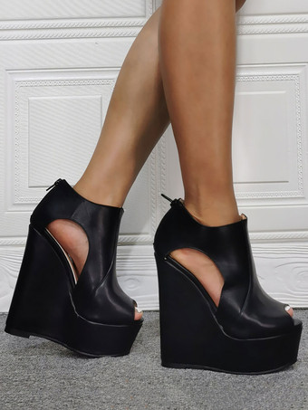 女性のためのセクシーなサンダルブラックPUレザーのぞき見つま先1.8 "6.1"セクシーな靴