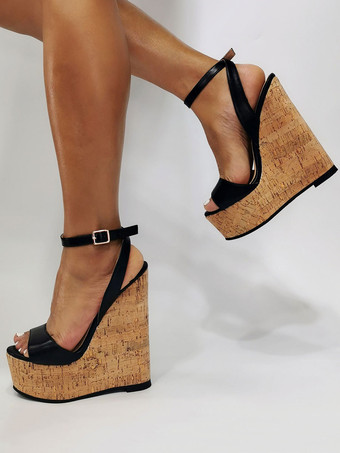 ブラック 女性のセクシーなサンダル ウェッジ ホワイト スリングバック プラットフォーム アンクル ストラップ ウェッジ サンダル