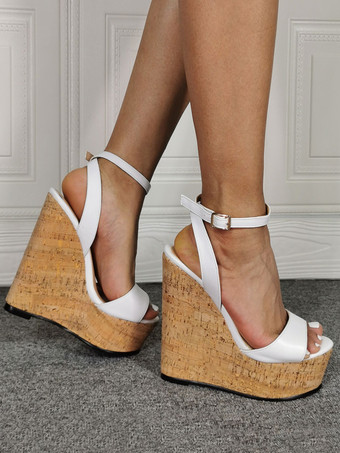 女性のセクシーなサンダル ウェッジ ホワイト スリングバック プラットフォーム アンクル ストラップ ウェッジ サンダル