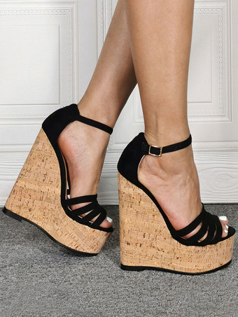 プラスサイズのセクシーなサンダル ブラック マイクロスエードアッパー オープントゥ スティレットヒール セクシーな靴 プラスサイズの靴