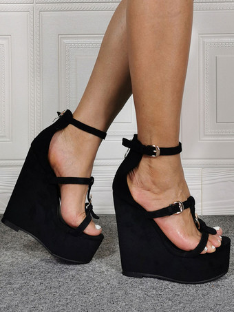 プラスサイズ ハイヒール セクシーサンダル ブラック マイクロスエードアッパー オープントゥ ウェッジヒール セクシーシューズ プラスサイズシューズ