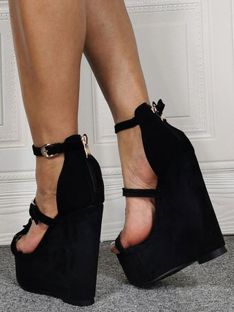 プラスサイズ ハイヒール セクシーサンダル ブラック マイクロスエードアッパー オープントゥ ウェッジヒール セクシーシューズ プラスサイズシューズ