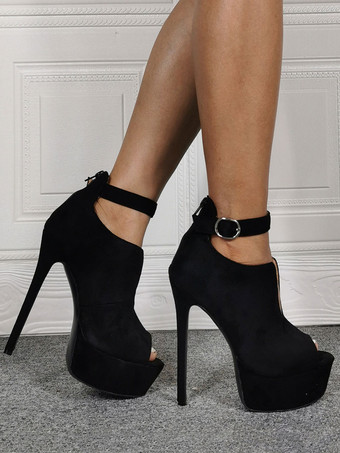 セクシーなハイヒール プラスサイズ ブラック マイクロスエード スティレットヒール セクシーな靴 プラスサイズ 靴