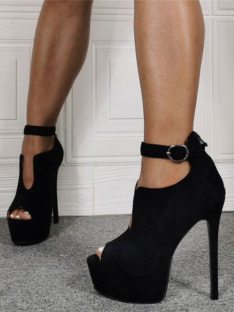 セクシーなハイヒール プラスサイズ ブラック マイクロスエード スティレットヒール セクシーな靴 プラスサイズ 靴