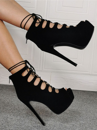 プラスサイズ ハイヒール セクシーサンダル ブラック マイクロスエードアッパー スティレットヒールシューズ